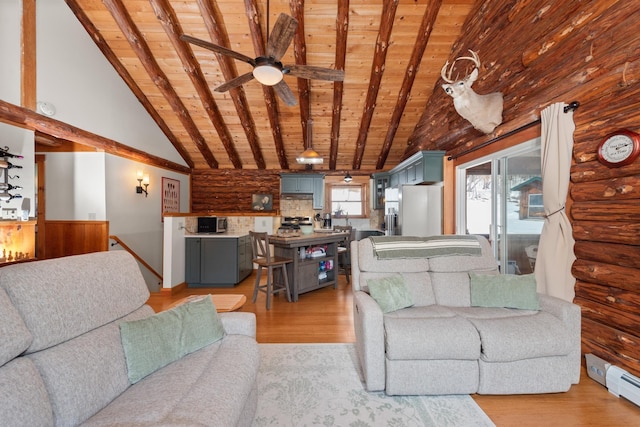 living room featuring a healthy amount of sunlight, wooden ceiling, log walls, and light wood-style flooring