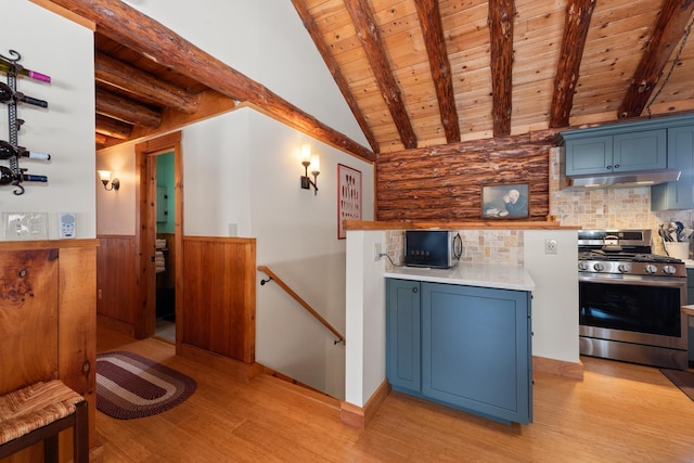 kitchen featuring a wainscoted wall, blue cabinetry, light wood-style flooring, wood ceiling, and appliances with stainless steel finishes