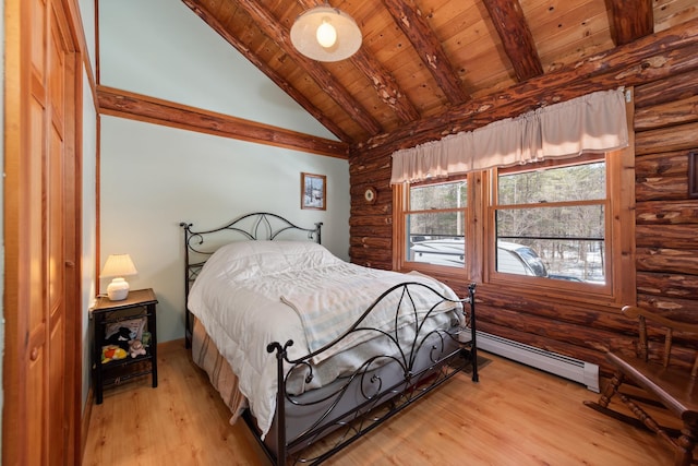 bedroom featuring light wood finished floors, a baseboard heating unit, baseboards, beamed ceiling, and wood ceiling