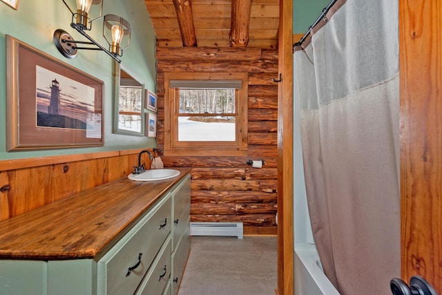 bathroom featuring shower / bathtub combination with curtain, lofted ceiling with beams, a baseboard radiator, wood ceiling, and vanity