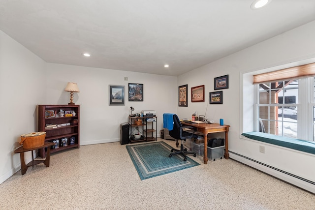 office area with recessed lighting, a baseboard heating unit, and baseboards