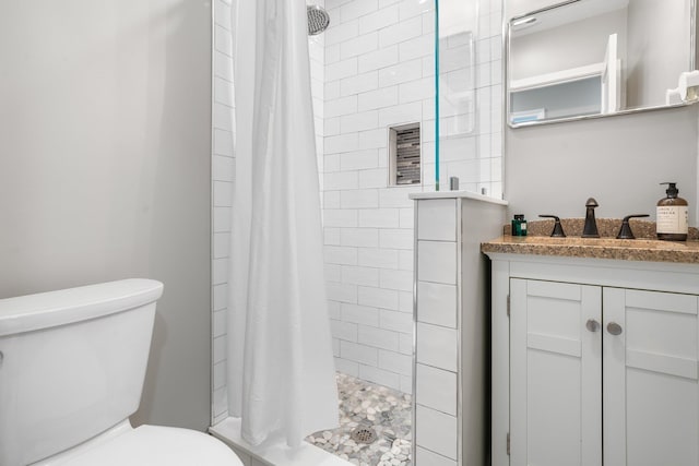 bathroom with vanity, toilet, and a stall shower