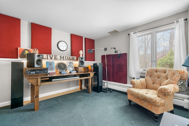 living area featuring a baseboard heating unit, baseboards, carpet, and visible vents