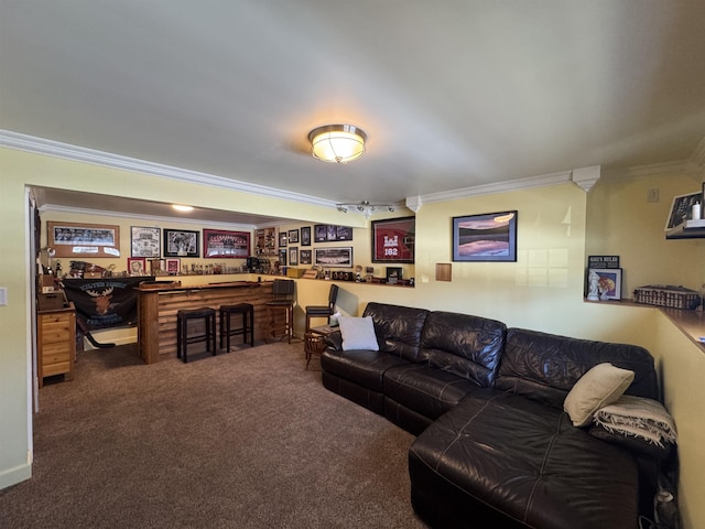 carpeted living room featuring a dry bar and ornamental molding