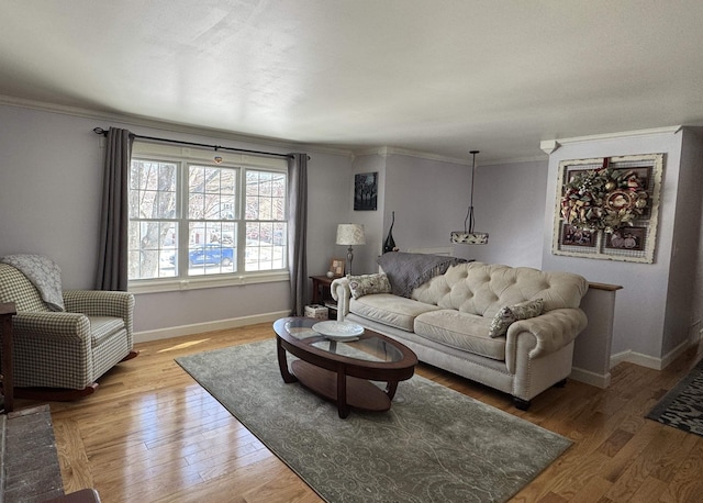 living room featuring crown molding, baseboards, and wood-type flooring