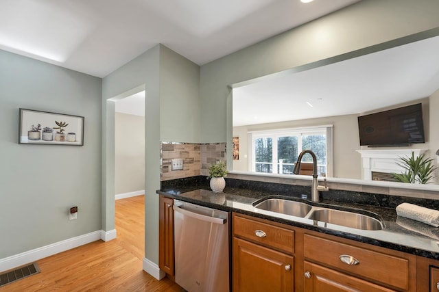 kitchen featuring visible vents, a sink, dark stone countertops, decorative backsplash, and dishwasher