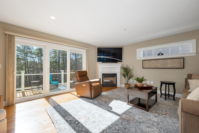 living area with a glass covered fireplace, wood finished floors, and baseboards