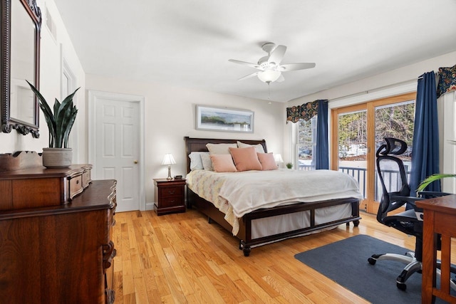 bedroom with access to outside, light wood-type flooring, and ceiling fan