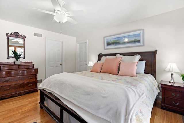 bedroom with a ceiling fan, visible vents, and light wood-type flooring