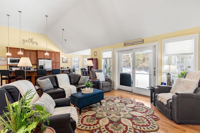 living area featuring light wood-style flooring and high vaulted ceiling