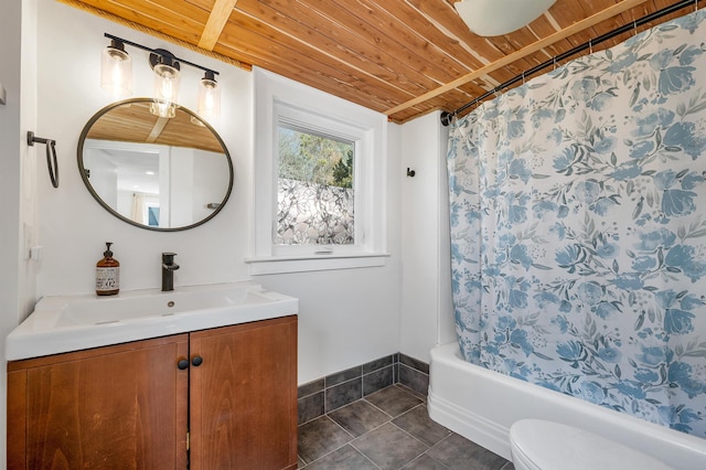 bathroom featuring toilet, wood ceiling, tile patterned floors, shower / bath combination with curtain, and vanity