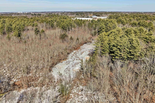 drone / aerial view with a wooded view