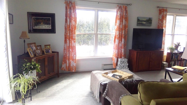 living room with a baseboard heating unit, a healthy amount of sunlight, and carpet floors