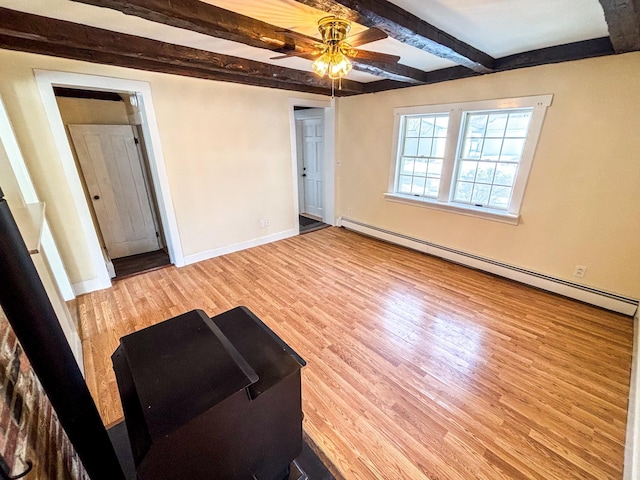 interior space with wood finished floors, baseboards, ceiling fan, a baseboard heating unit, and beamed ceiling