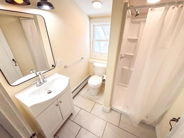 full bath featuring baseboard heating, a shower stall, vanity, and toilet