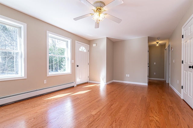 entryway featuring light wood-style flooring, baseboards, and a baseboard radiator