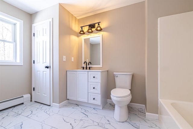 full bathroom with a baseboard heating unit, baseboards, toilet, and marble finish floor