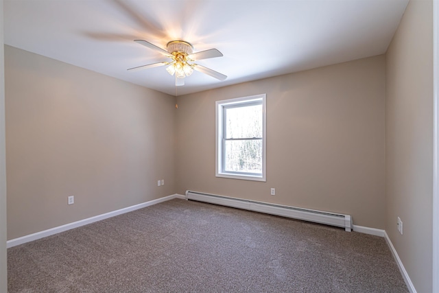 empty room with ceiling fan, carpet flooring, baseboards, and a baseboard radiator