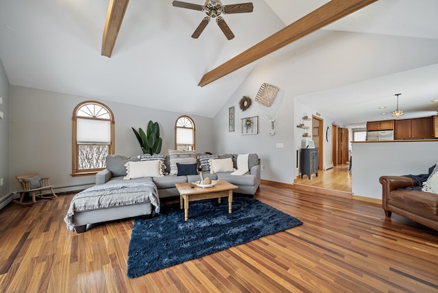 living area featuring baseboards, light wood-type flooring, beam ceiling, high vaulted ceiling, and a ceiling fan