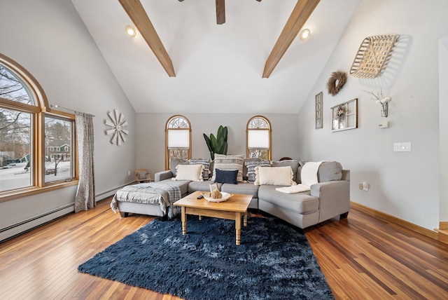 living room featuring beamed ceiling, high vaulted ceiling, and wood finished floors