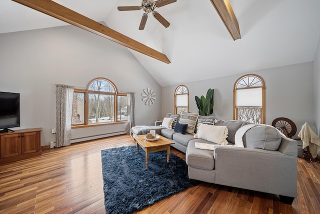 living area with baseboard heating, plenty of natural light, and beamed ceiling