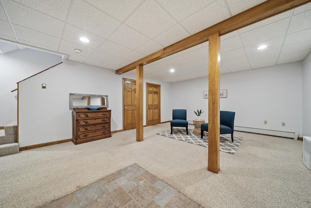 sitting room featuring baseboards, stairway, carpet flooring, recessed lighting, and a baseboard radiator