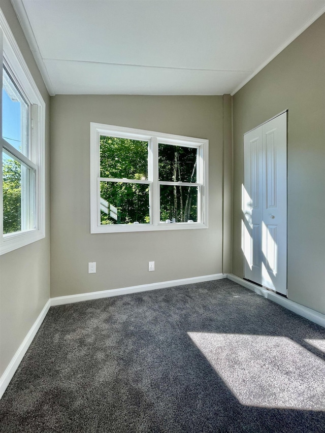 spare room with vaulted ceiling, carpet, and baseboards