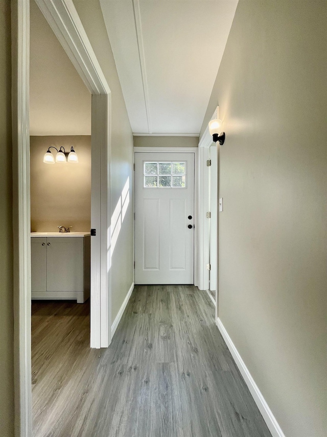 entryway featuring baseboards and wood finished floors