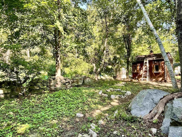 view of yard with an outbuilding and a forest view