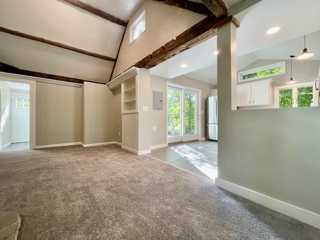 unfurnished living room featuring baseboards, high vaulted ceiling, electric panel, and carpet