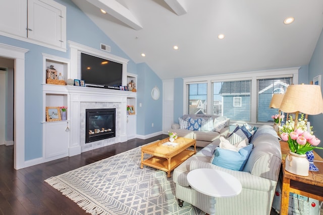 living room with visible vents, baseboards, recessed lighting, a tile fireplace, and dark wood-style floors