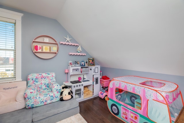 bedroom featuring wood finished floors and vaulted ceiling