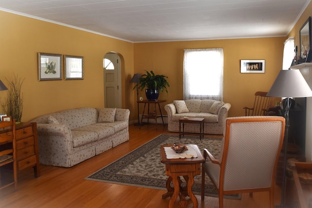 living room featuring wood finished floors, arched walkways, and ornamental molding