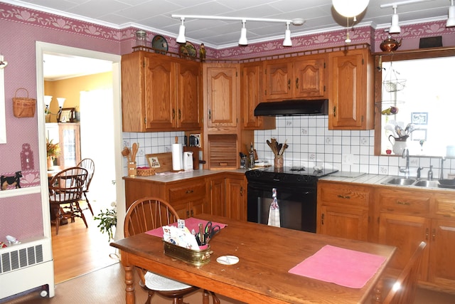 kitchen with black electric range oven, under cabinet range hood, a sink, radiator, and wallpapered walls