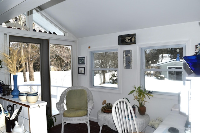 living area featuring vaulted ceiling