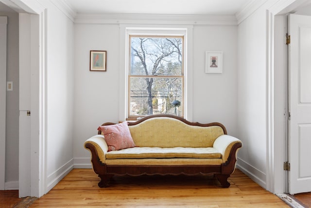 living area featuring light wood-style flooring, baseboards, and ornamental molding