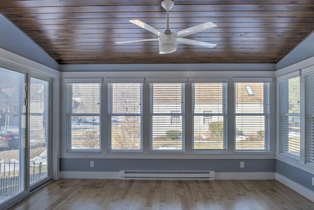 unfurnished sunroom with baseboard heating, wood ceiling, a ceiling fan, and vaulted ceiling