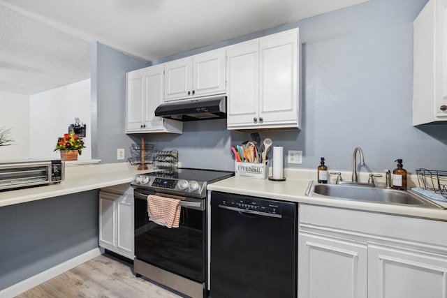 kitchen featuring under cabinet range hood, a sink, black dishwasher, white cabinetry, and stainless steel electric range oven