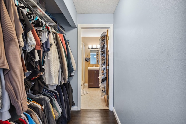 spacious closet with a sink and wood finished floors