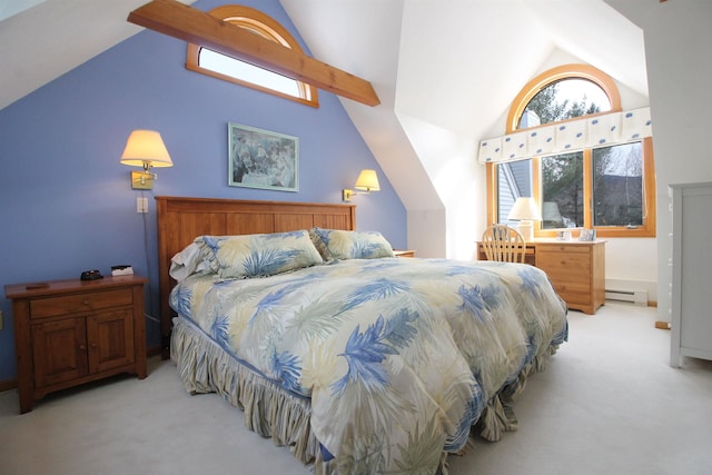 bedroom with baseboard heating, light colored carpet, and lofted ceiling