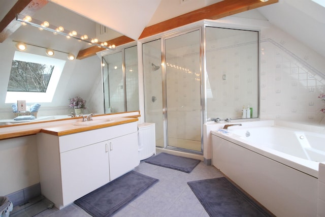 full bath with a bath, a stall shower, vanity, and vaulted ceiling