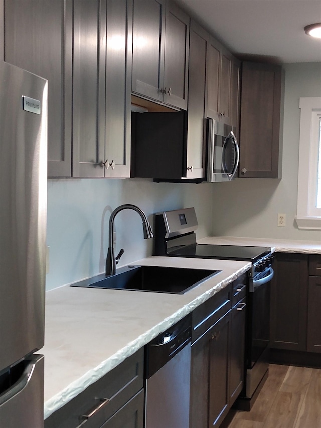 kitchen with light wood-style flooring, a sink, stainless steel appliances, dark brown cabinetry, and light countertops