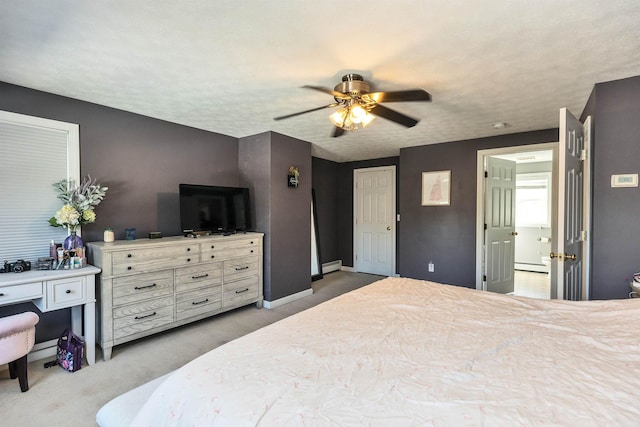 carpeted bedroom featuring baseboards, a textured ceiling, a baseboard heating unit, and ceiling fan