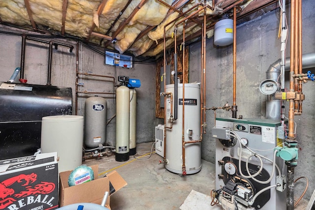 utilities featuring gas water heater, heating fuel, and a heating unit