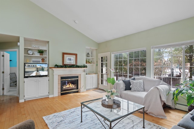 living room featuring light wood finished floors, built in features, a healthy amount of sunlight, and a baseboard radiator