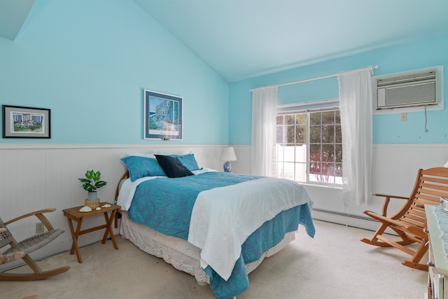 carpeted bedroom featuring vaulted ceiling, wainscoting, and a wall unit AC