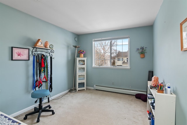 rec room featuring baseboard heating, carpet flooring, and baseboards