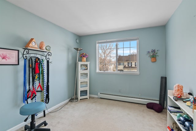 game room featuring baseboards, a baseboard heating unit, and carpet