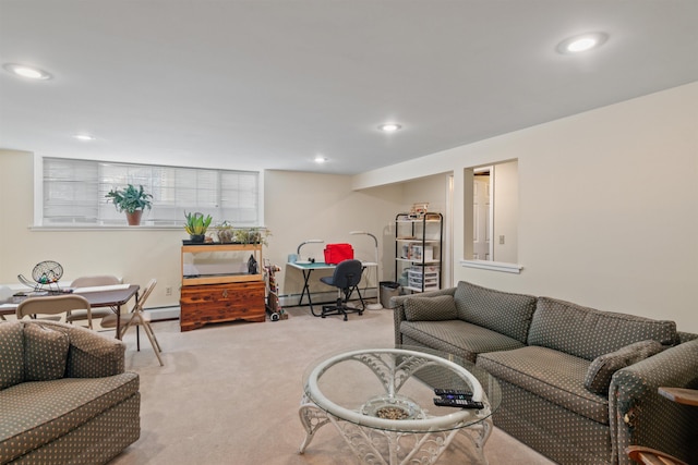 carpeted living room with recessed lighting