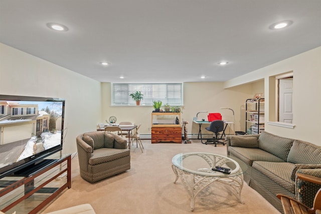 carpeted living area featuring recessed lighting